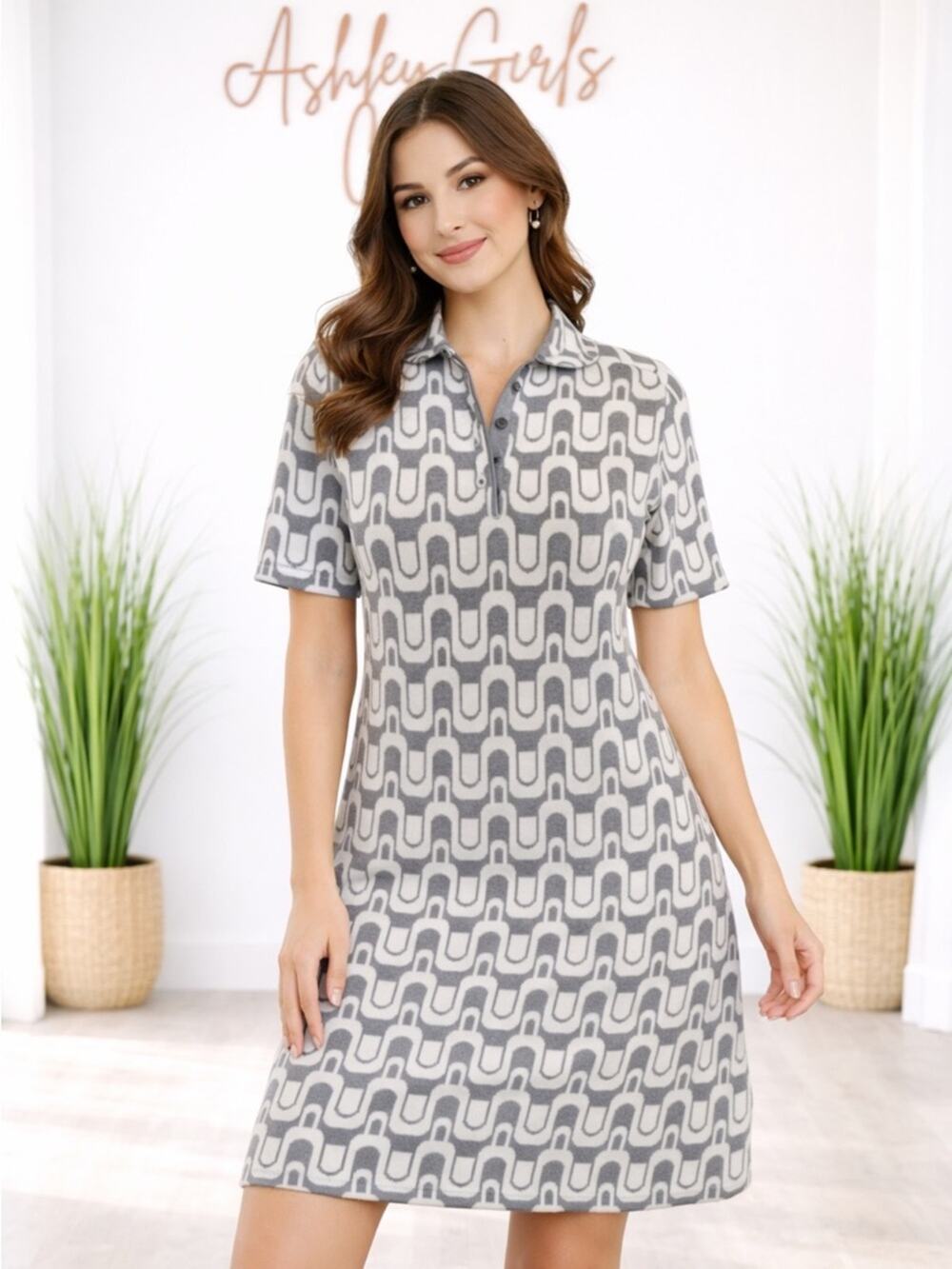 ANTHROPOLOGIE Geometric Pattern Knit Polo Dress in Gray and White